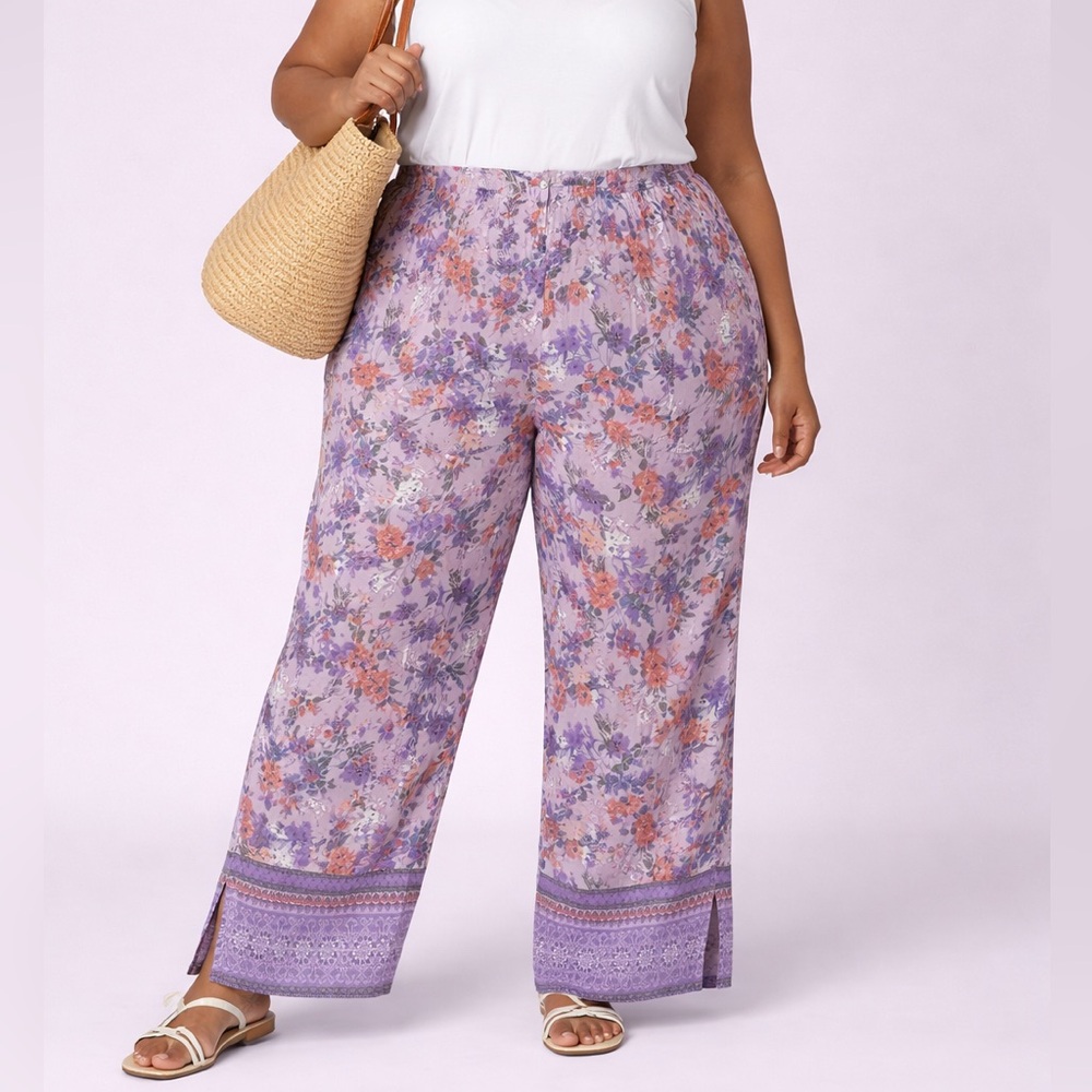 Boho Floral Wide-Leg Pants | Size 24W | Elastic Waist | Split Hem